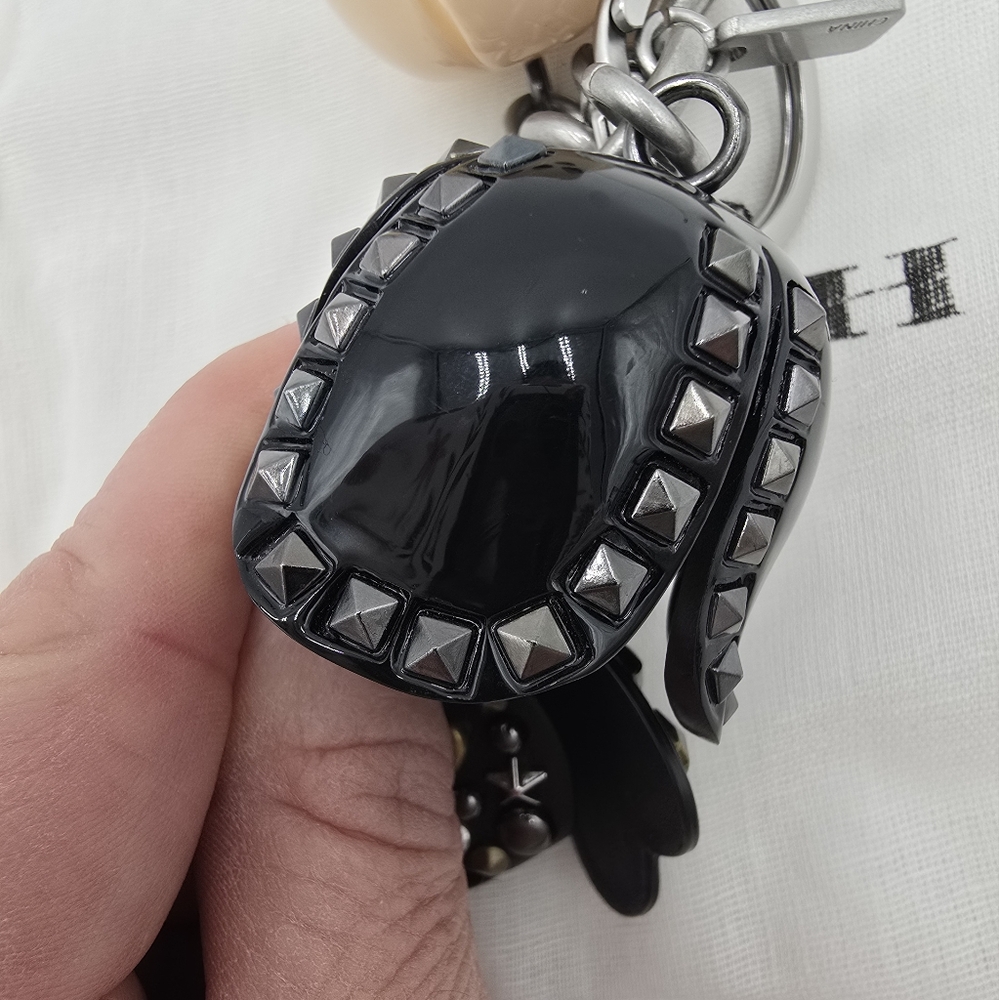 Coach Tea Rose Studded Bag Charm/  KeyRing, B & W, EUC - Picture 5 of 11